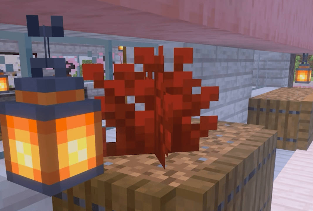 Close-up of a red shrub block in Minecraft.