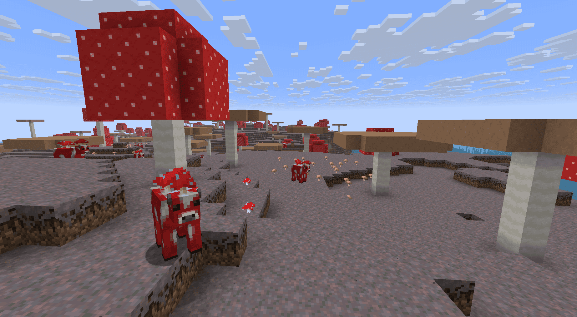 Mooshrooms among giant red and brown mushrooms on mycelium-covered terrain in Minecraft’s Mushroom Fields biome.